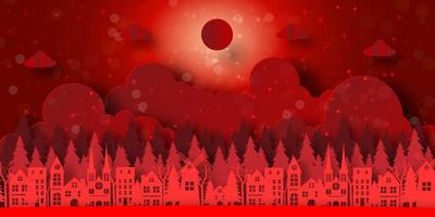 Feliz Natal e Feliz Ano Novo, banner de fundo vermelho da cidade com floresta de pinheiros vetor
