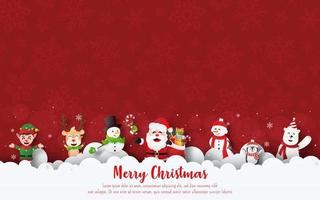 Feliz Natal e Feliz Ano Novo, cartão postal de banner de Natal da festa de Natal com o Papai Noel e amigos no céu com espaço em branco