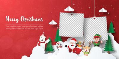 Feliz Natal e Feliz Ano Novo, cartão postal de banner de Natal do Papai Noel e amigos com moldura em branco vetor