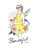 Beautiful you slogan com ilustração de flores coloridas e mão desenhada de menina vetor