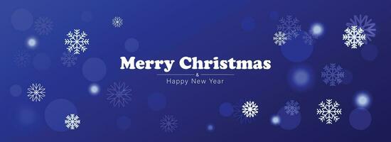 alegre Natal e Novo ano tipografia em uma azul fundo com uma inverno panorama com flocos de neve, luzes, estrelas. alegre Natal cartão. vetor ilustração