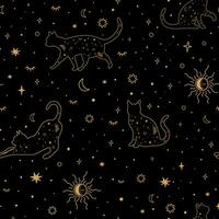 celestial gato desatado padronizar. dourado estrelado gatos repetir fundo. mistério estrelas, sol, lua em a Preto. Magia céu têxtil projeto, tecido, papel de parede. mínimo linha arte. esotérico vetor ilustração