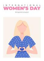 internacional mulheres dia poster. inspirar inclusão 2024 campanha. mão desenhado vetor ilustração do mulher dentro sem rosto plano estilo.