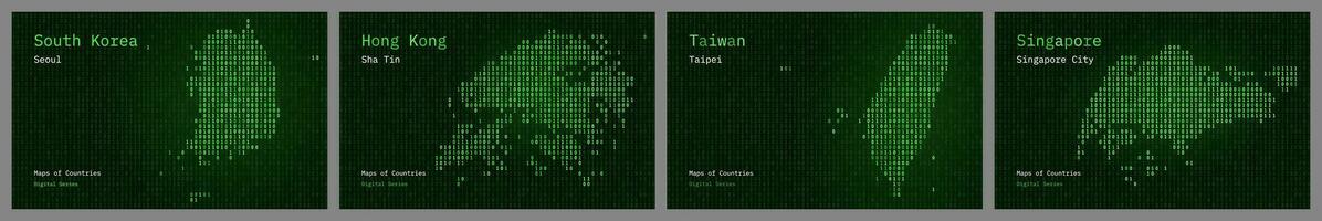 quatro ásia tigres mapa definir. sul Coréia, Cingapura, hong kong e Taiwan mostrando dentro binário código padronizar. tsmc. azul matriz números, zero, um. mundo países vetor mapas. digital Series