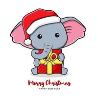 elefante fofo segurando um presente saudação feliz natal e feliz ano novo cartoon doodle cartão ilustração de fundo vetor