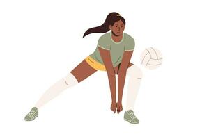 voleibol jogador mulher exitos a bola. plano vetor ilustração isolado em branco fundo