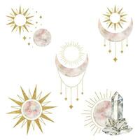 conjunto do crescente lua, sol, floral elementos. lua, Sol e. isolado aguarela ilustração em a tema do astrologia e esoterismo. Magia celestial clipart para projeto, imprimir, tecido ou fundo vetor