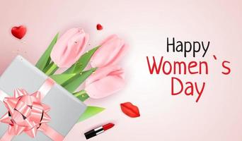 feliz dia das mulheres feriado parabéns fundo com tulipas e caixa de presente. ilustração vetorial vetor
