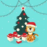 tigre bonito com um chapéu de Papai Noel perto da árvore de Natal. tigre chinês do ano novo. ilustração vetorial em estilo simples vetor