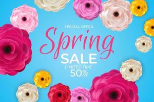 Primavera oferta especial venda fundo cartaz flores naturais e modelo de folhas. ilustração vetorial vetor