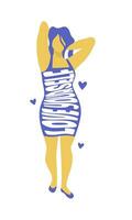cheio de curvas mulher dentro uma justa vestir com uma texto impressão do a slogan amor você mesmo. corpo positivo conceito. mão desenhado vetor ilustração isolado