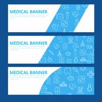 Banner horizontal azul com ícones médicos e lugar para texto. vetor