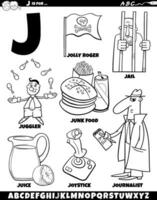 carta j conjunto com desenho animado objetos e personagens coloração página vetor