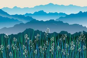 ilustração do flor Relva com gradiente montanha fundo. vetor