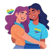 vetor ilustração ícone ícone brilhante desenhando orgulho mês amor dois meninas lgbt abraço arco Iris ícone pessoas plano estilo