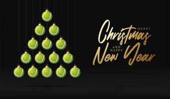 tênis natal e ano novo cartão bugiganga árvore. árvore de Natal criativa feita por bola de tênis em fundo preto para a celebração do Natal e ano novo. cartão de felicitações de esporte vetor