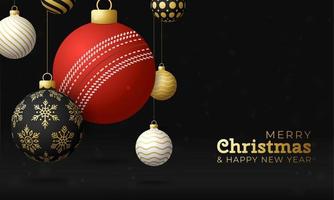 cartão de Natal de críquete. cartão do esporte feliz Natal. pendurar em uma bola de cricket thread como uma bola de natal e bugiganga dourada sobre fundo preto horizontal. ilustração em vetor esporte.