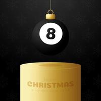 pedestal de bugiganga de Natal de bilhar. cartão do esporte feliz Natal. pendurar em uma bola de bilhar de fio como uma bola de Natal no pódio dourado sobre fundo preto. ilustração em vetor esporte.