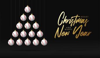 beisebol, natal e ano novo, árvore de bugiganga cartão. árvore de Natal criativa feita por bola de beisebol em fundo preto para a celebração do Natal e ano novo. cartão de felicitações de esporte vetor