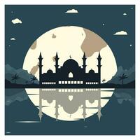 mesquita silhueta com montanhas e cheio lua dentro a fundo vetor