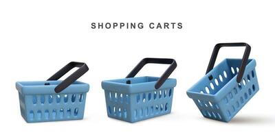 3d conjunto do azul compras carrinhos isolado em branco fundo. vetor ilustração.
