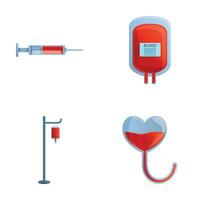 sangue doação ícones conjunto desenho animado vetor. conta-gotas seringa e médico sangue saco vetor