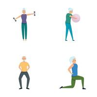 saudável estilo de vida ícones conjunto desenho animado vetor. velho pessoas fazendo manhã exercício vetor