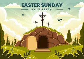 feliz Páscoa domingo vetor ilustração do Jesus, ele é ressuscitado e celebração do ressurreição com caverna e a Cruz dentro plano desenho animado fundo