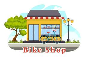 bicicleta fazer compras vetor ilustração com compradores pessoas escolhendo ciclos, acessórios ou engrenagem equipamento para equitação dentro plano desenho animado fundo Projeto