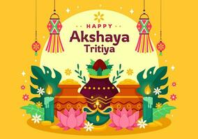 akshaya tritiya festival vetor ilustração com uma dourado kalash, vela, Panela e ouro moedas para dhanteras celebração dentro tradicional hindu feriado