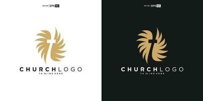 Igreja logotipo. Bíblia, Jesus' Cruz e anjo asas. asas Igreja logotipo Projeto ícone. vetor