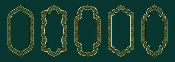 ouro arco quadro, Armação forma islâmico porta ou janela com geométrico girikh padrão, silhueta árabe arco. coleção dentro oriental estilo. quadros dentro árabe muçulmano Projeto para Ramadã kareem. vetor ilustração