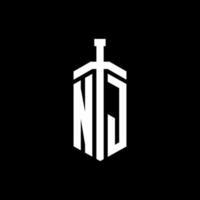 Monograma de logotipo nj com modelo de design de fita de elemento espada vetor