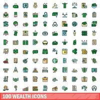 100 riqueza ícones definir, cor linha estilo vetor
