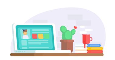 Banner de educação on-line. Mesa de computador com laptop, cacto, café, usuário de janela. Ilustração vetorial plana vetor