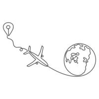 contínuo solteiro linha desenhando amor avião rota romântico período de férias viagem coração avião caminho, simples esboço vetor ilustração
