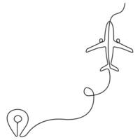 contínuo solteiro linha desenhando amor avião rota romântico período de férias viagem coração avião caminho, simples esboço vetor ilustração