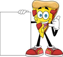 feliz pizza fatia desenho animado personagem presente em branco placa vetor