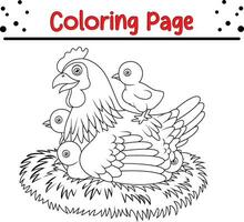 coloração página galinha com dela bebê filhotes vetor