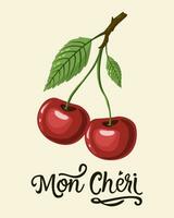 realista plano vetor ilustração do uma grupo do cerejas, vermelho cereja bagas poster, com texto dentro francês seg cheri meu querida amor