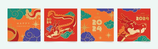 chinês Novo ano quadrado cobrir fundo vetor. ano do a Dragão Projeto com Dragão, nuvem, brilhar. moderno colorida oriental ilustração para cobrir, bandeira, local na rede Internet, social meios de comunicação, cartão, poster. vetor