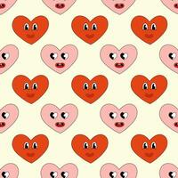 desatado padronizar com corações vermelho e Rosa personagens sorrir para namorados dia. mascote dentro groovy e ano 2000 estilo. vetor desenho animado ilustração.