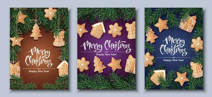 alegre Natal feriado cartões, folhetos e convites. festivo fundo com abeto galhos, decorado com Pão de gengibre. alegre Natal e Novo ano vetor