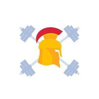 logotipo da academia, emblema vetorial com capacete espartano e halteres