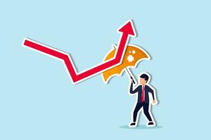 econômico recuperação a partir de covid-19 crise, o negócio proteção ou estoque mercado pulo costas a partir de recessão conceito, inteligente confiança homem de negocios segurando Forte guarda-chuva para recuperar vermelho seta econômico gráfico vetor