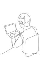 uma homem com óculos senta e tipos em a computador portátil teclado. 1 contínuo linha arte trabalhador autonomo ou Copiadora ou programador ou rede desenhador trabalho a partir de casa vetor