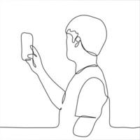 silhueta do uma homem com uma telefone, uma cara leva As fotos ou leva vídeo, tentando para pegar uma Móvel sinal levando uma selfie. 1 contínuo linha desenhando do uma homem segurando uma telefone vetor