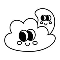 kawaii clima previsão nuvem e lua desenho animado linha ícone. vetor