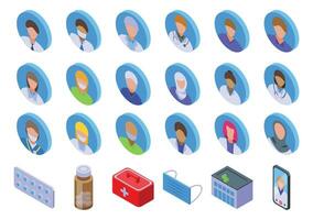 médico avatares ícones conjunto isométrico vetor. enfermeira saúde vetor