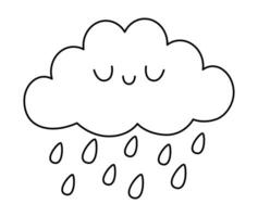 vetor Preto e branco kawaii nuvem ícone para crianças. fofa linha clima elemento símbolo ilustração ou coloração página. engraçado sorridente desenho animado personagem. adorável tempestade clipart com chuva gotas